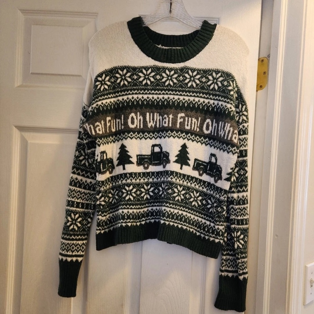 Ruby Moon Anthropology White/Green "OH What Fun!" Ugly Christmas Sweater Small